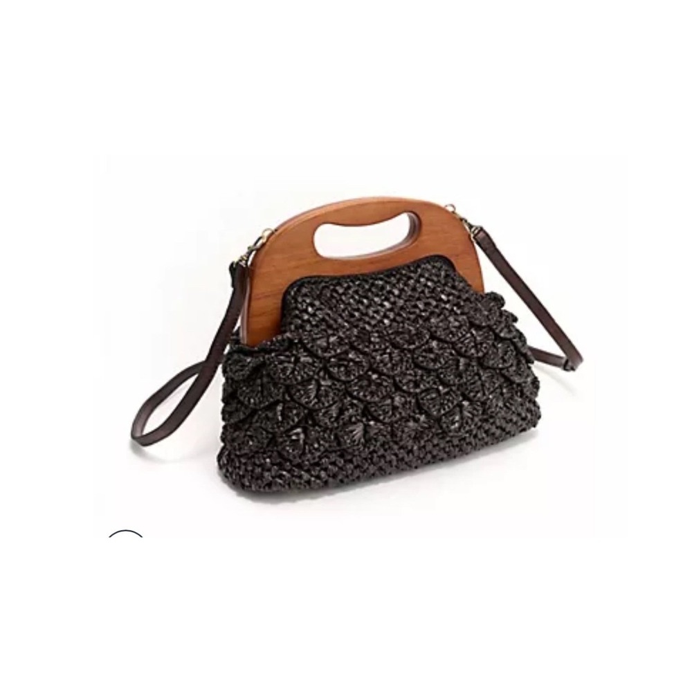 Patricia Nash Chocolate Brown Raffia Sandrine Frame Bag Wooden Handle Crossbody